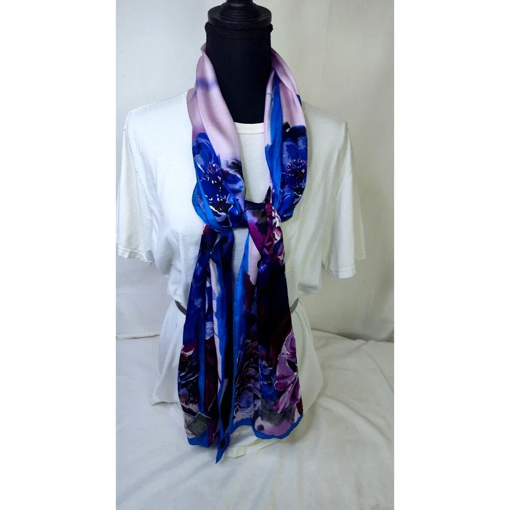 Silk Vince Camuto Watercolor Floral Scarf Wrap Blues White Rectangle 76 X 28 In